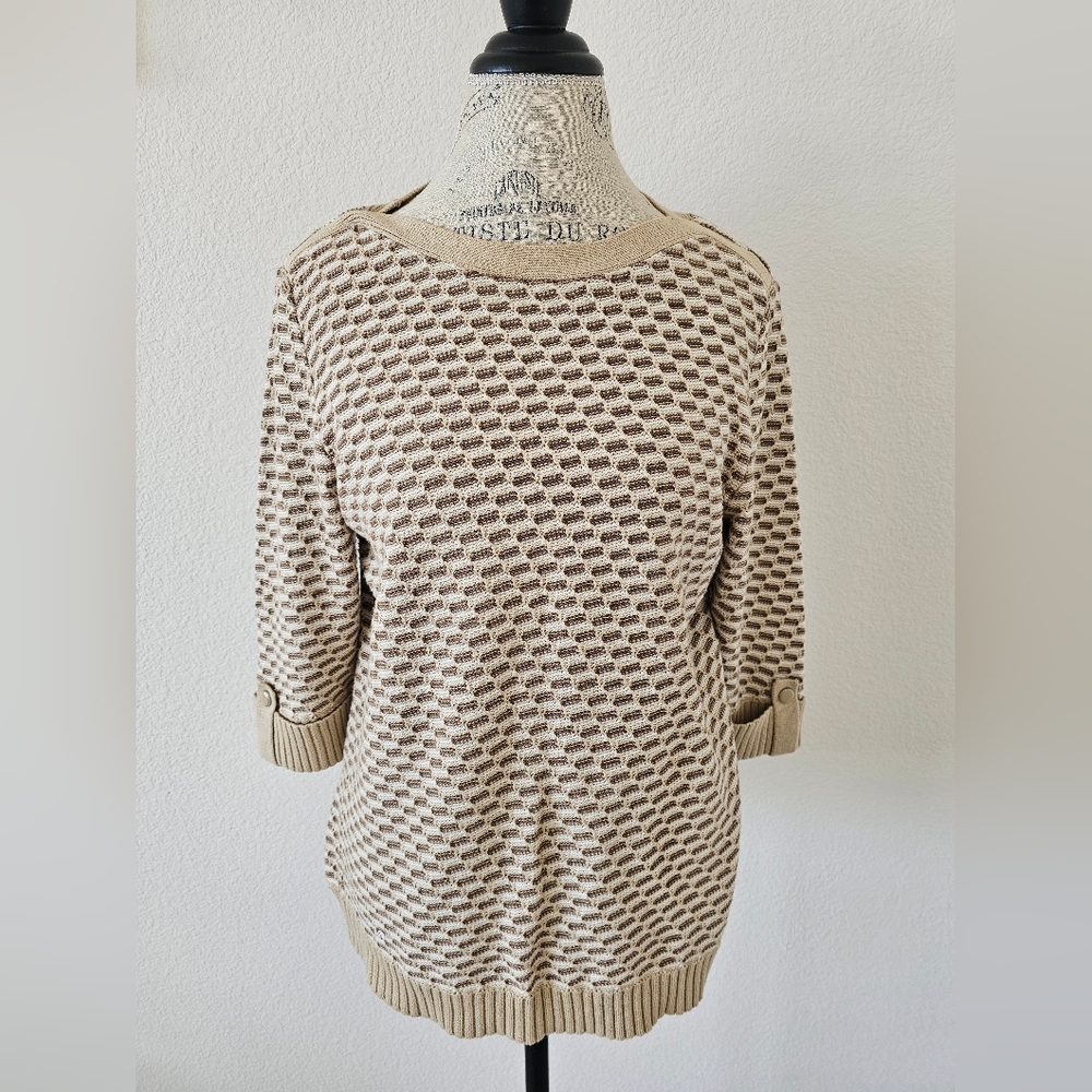 Karen Scott Tan & Cream Basketweave Knit Top Nautical Button Detail 100% Cotton